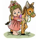Embroidery design featuring a young lady with her little pony, perfect for girls' clothing and accessories.