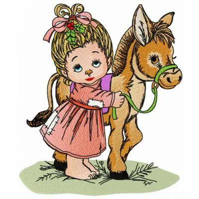 Embroidery design featuring a young lady with her little pony, perfect for girls' clothing and accessories.