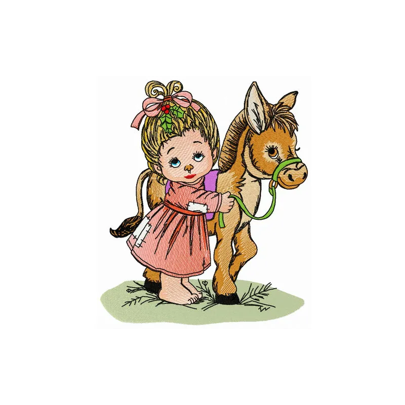 Embroidery design featuring a young lady with her little pony, perfect for girls' clothing and accessories.