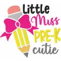 Little Miss Pre-K Cutie embroidery design showcasing a cheerful character, ideal for back-to-school projects.