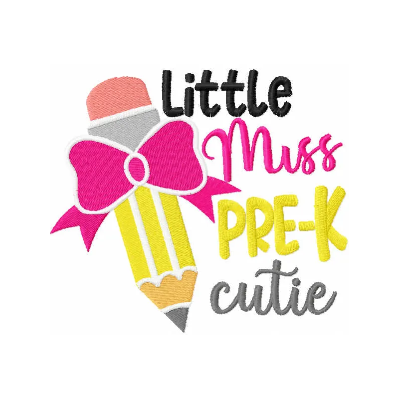 Little Miss Pre-K Cutie embroidery design showcasing a cheerful character, ideal for back-to-school projects.