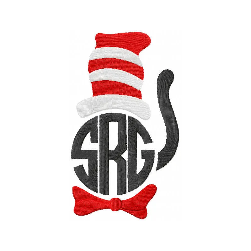 Embroidery design featuring the Cat in the Hat from Dr. Seuss, ideal for stitching on children's apparel or accessories.