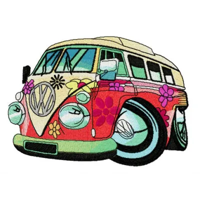 Hippie camper embroidery design featuring a colorful van, perfect for stitching on t-shirts or tote bags.