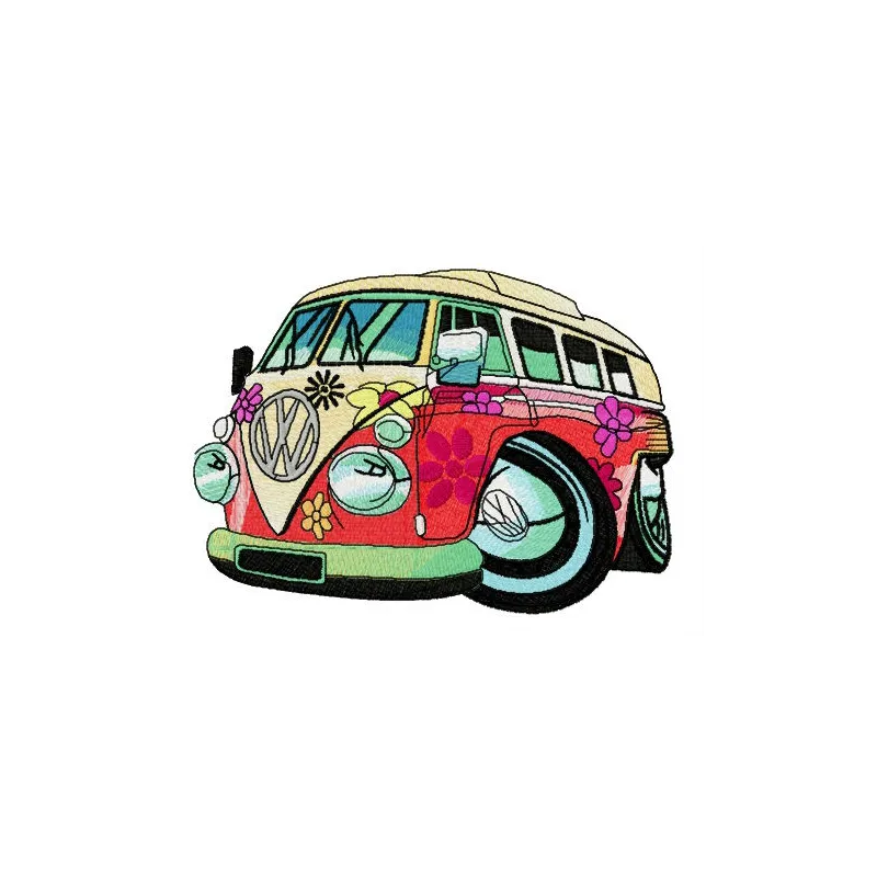 Hippie camper embroidery design featuring a colorful van, perfect for stitching on t-shirts or tote bags.