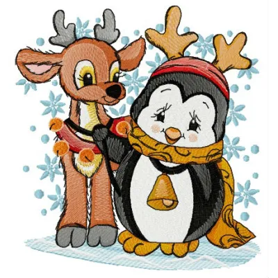 Preview of a charming penguin and deer embroidery design, perfect for festive Christmas projects.