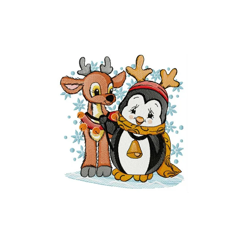 Preview of a charming penguin and deer embroidery design, perfect for festive Christmas projects.