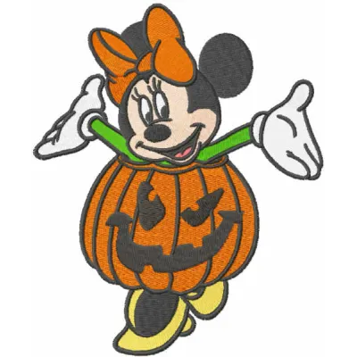 Minnie Halloween pumpkin embroidery design featuring a playful Minnie Mouse with a pumpkin motif.