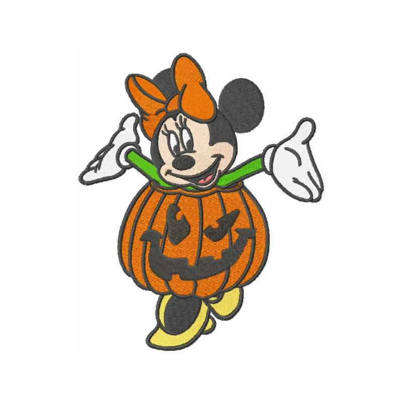 Minnie Halloween pumpkin embroidery design featuring a playful Minnie Mouse with a pumpkin motif.