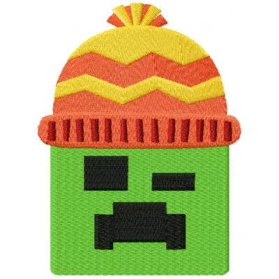 Embroidery design featuring a Minecraft Creeper character wearing a cozy winter hat.