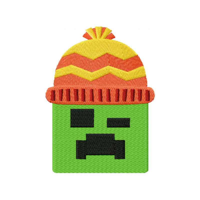 Embroidery design featuring a Minecraft Creeper character wearing a cozy winter hat.