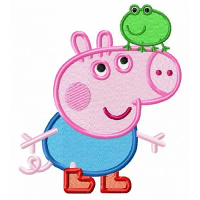 Brother George and frog embroidery design showcasing playful characters from Peppa Pig, perfect for children's apparel.