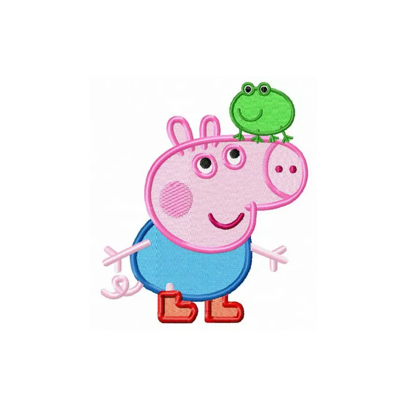 Brother George and frog embroidery design showcasing playful characters from Peppa Pig, perfect for children's apparel.