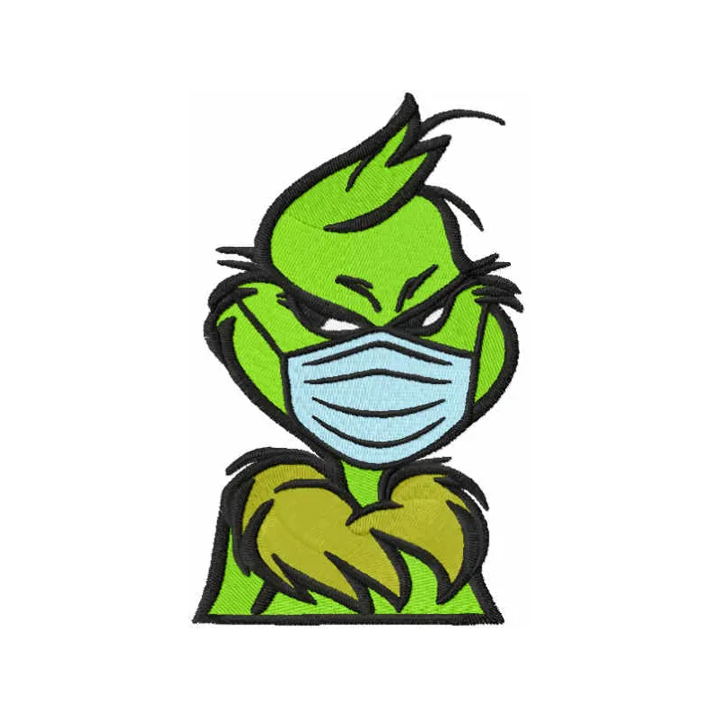Embroidery design of the Grinch wearing a face mask, inspired by Dr. Seuss, perfect for festive stitching projects.