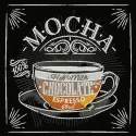 Mocha embroidery design featuring a steaming cup of coffee, ideal for embellishing shirts, tote bags, and kitchen towels.