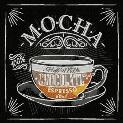 Mocha embroidery design featuring a steaming cup of coffee, ideal for embellishing shirts, tote bags, and kitchen towels.