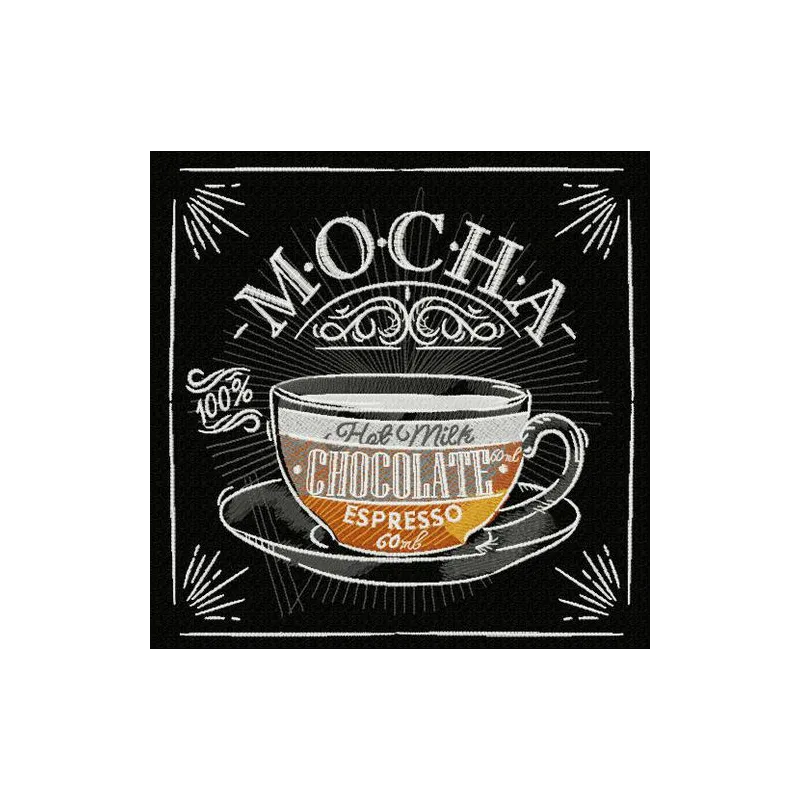 Mocha embroidery design featuring a steaming cup of coffee, ideal for embellishing shirts, tote bags, and kitchen towels.