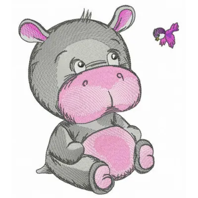 Kind baby hippo embroidery design showcasing a cute and friendly hippo, perfect for baby onesies and blankets.