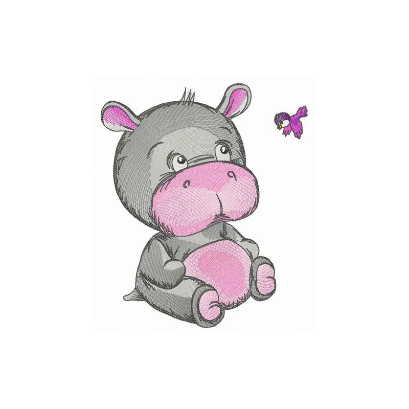 Kind baby hippo embroidery design showcasing a cute and friendly hippo, perfect for baby onesies and blankets.