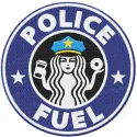 Preview of Police Fuel embroidery design featuring a fun coffee-themed stitched motif for personalized items.