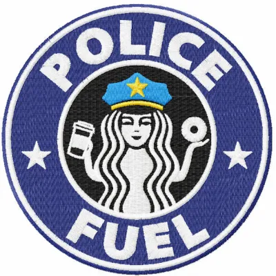 Preview of Police Fuel embroidery design featuring a fun coffee-themed stitched motif for personalized items.