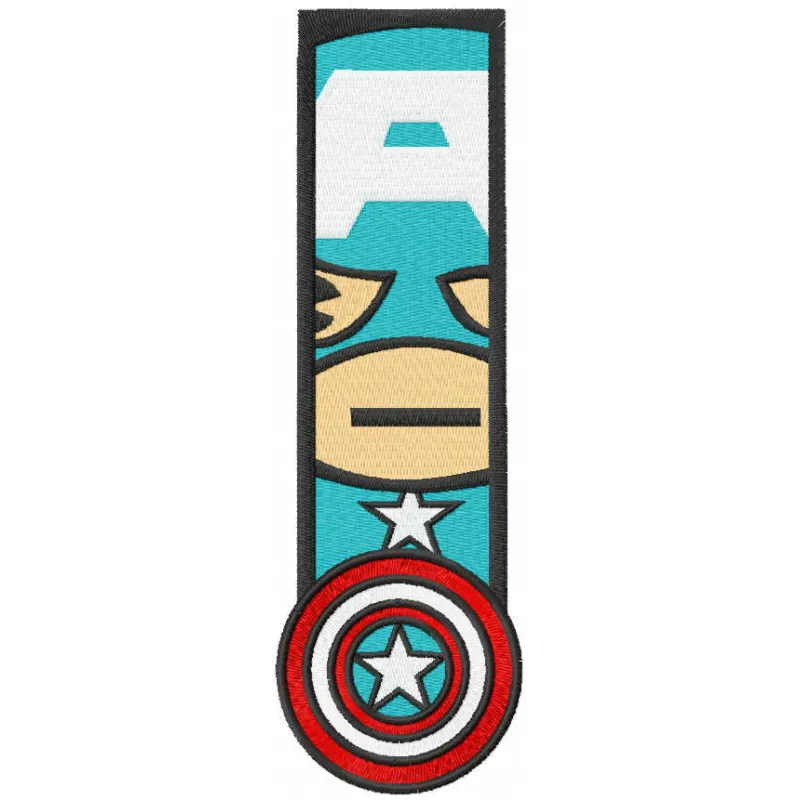 Captain America chibi bookmark embroidery design featuring a cute, stylized superhero character.