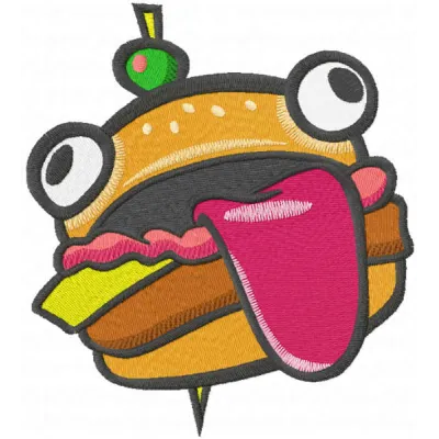Durr Burger embroidery design featuring a fun burger motif inspired by Fortnite, ideal for various projects.