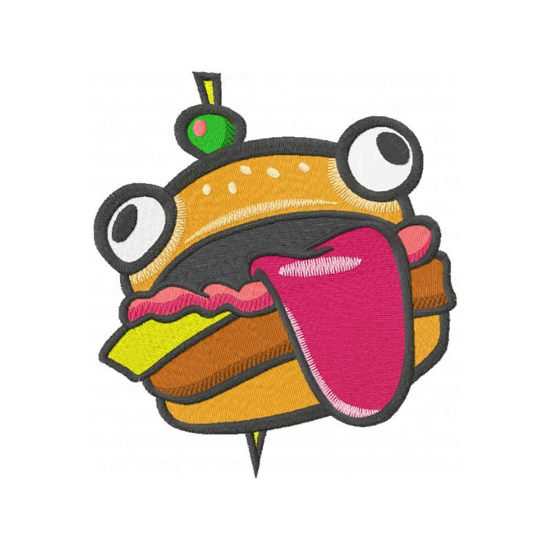 Durr Burger embroidery design featuring a fun burger motif inspired by Fortnite, ideal for various projects.