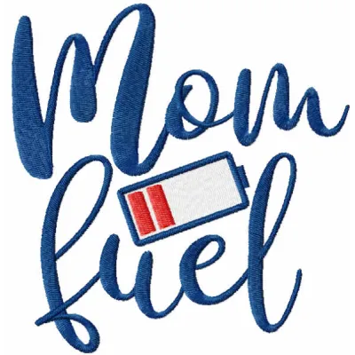 Preview of the 'Mom Fuel' embroidery design featuring a stylish quote, ideal for stitching on tote bags or hoodies.