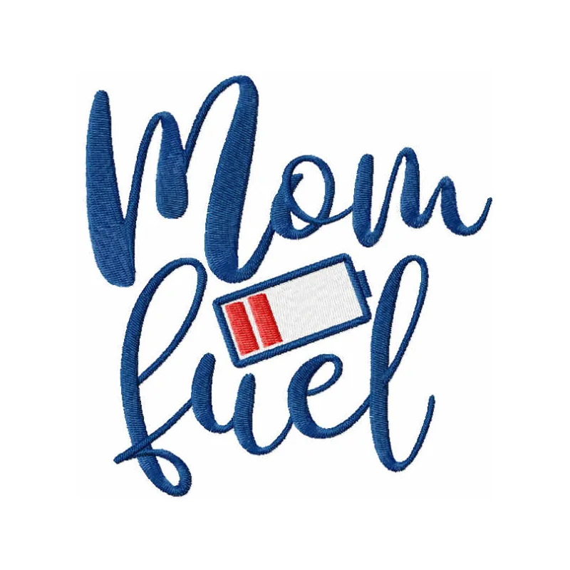 Preview of the 'Mom Fuel' embroidery design featuring a stylish quote, ideal for stitching on tote bags or hoodies.