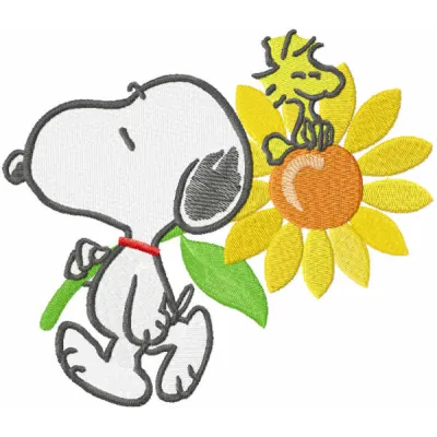 Snoopy with sunflower embroidery design featuring a playful Snoopy surrounded by vibrant sunflowers.