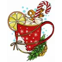 Warming cocoa embroidery design featuring a cozy mug with steam, perfect for Christmas projects.