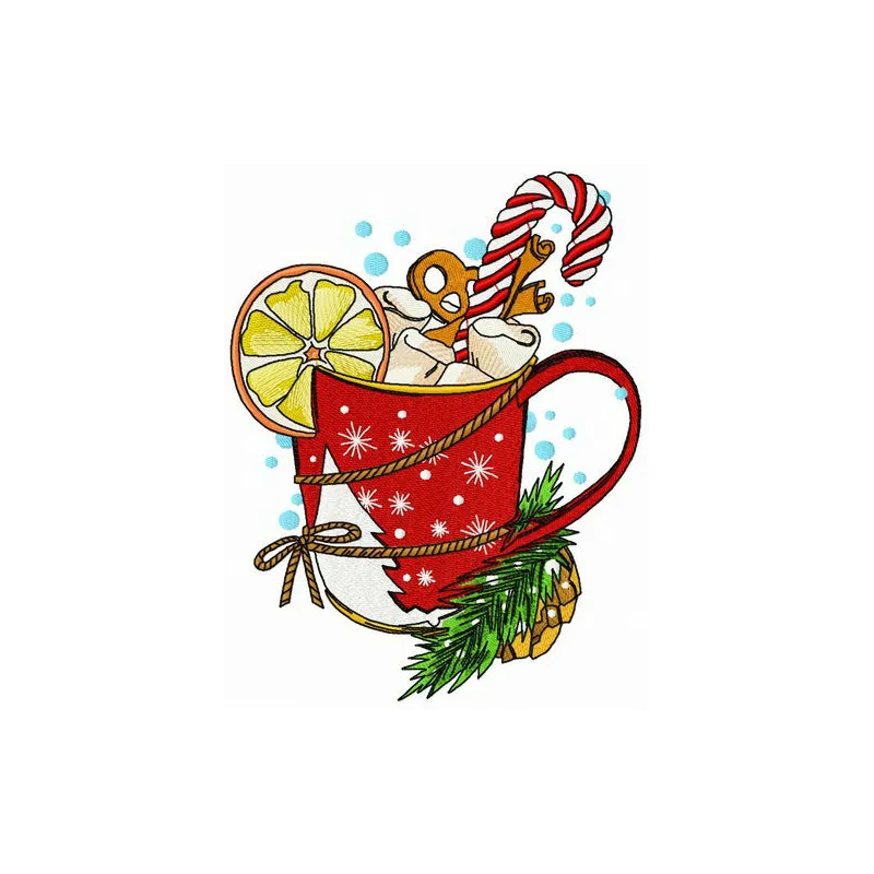 Warming cocoa embroidery design featuring a cozy mug with steam, perfect for Christmas projects.