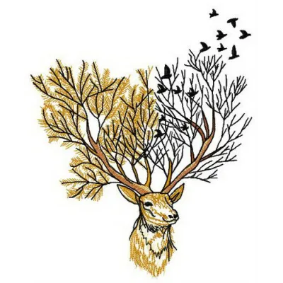 Forest deer embroidery design featuring a graceful deer surrounded by woodland elements, perfect for nature-themed projects.