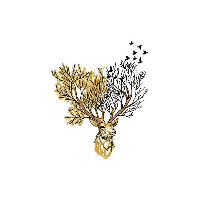 Forest deer embroidery design featuring a graceful deer surrounded by woodland elements, perfect for nature-themed projects.