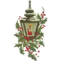 Candle in snowy lantern embroidery design showcased on a festive background, perfect for holiday projects.