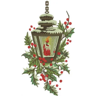 Candle in snowy lantern embroidery design showcased on a festive background, perfect for holiday projects.