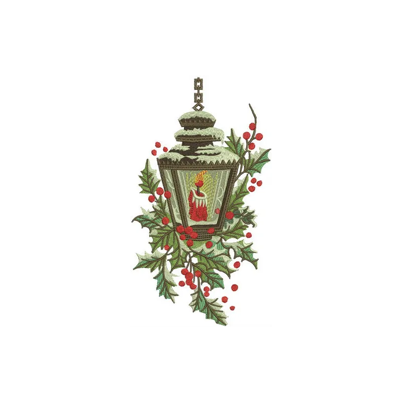 Candle in snowy lantern embroidery design showcased on a festive background, perfect for holiday projects.
