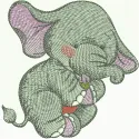 Embroidery design featuring an elephant with a tiny flower bud, perfect for stitching on various fabric items.