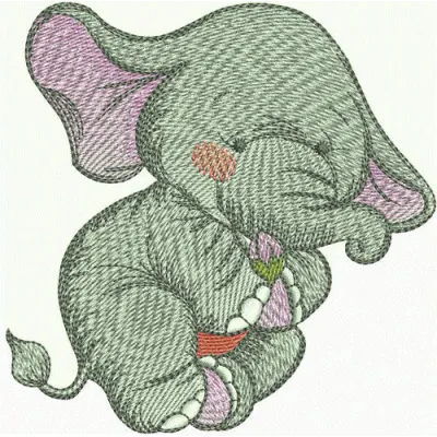Embroidery design featuring an elephant with a tiny flower bud, perfect for stitching on various fabric items.