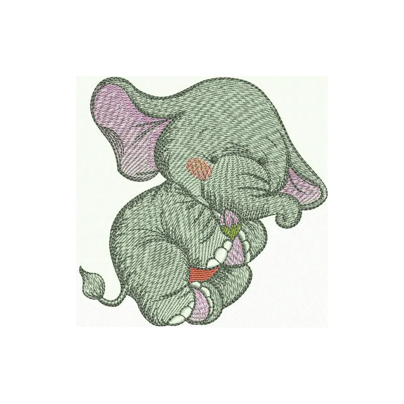 Embroidery design featuring an elephant with a tiny flower bud, perfect for stitching on various fabric items.
