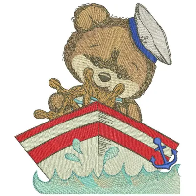 Teddy bear captain embroidery design showcasing a charming bear in a captain's hat, perfect for various stitched projects.