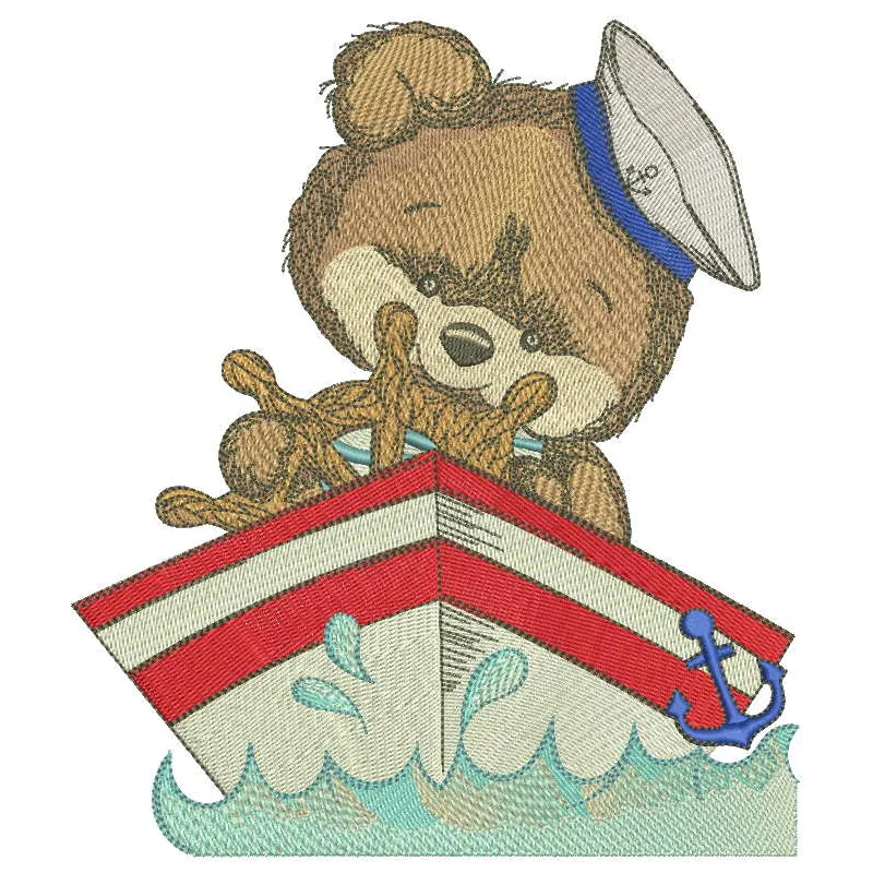 Teddy bear captain embroidery design showcasing a charming bear in a captain's hat, perfect for various stitched projects.