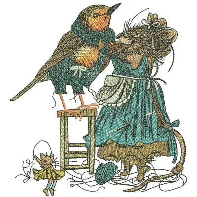 Mouse modist embroidery design featuring a whimsical bird motif, ideal for embellishing various fabric items.