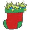 Little Green Men in Christmas sock embroidery design, featuring adorable characters from Toy Story for festive stitching.