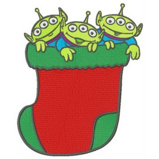 Little Green Men in Christmas sock embroidery design - Embroidery Design