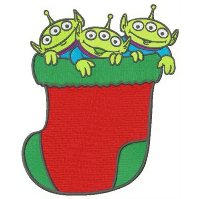 Little Green Men in Christmas sock embroidery design, featuring adorable characters from Toy Story for festive stitching.
