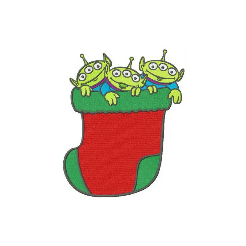 Little Green Men in Christmas sock embroidery design, featuring adorable characters from Toy Story for festive stitching.