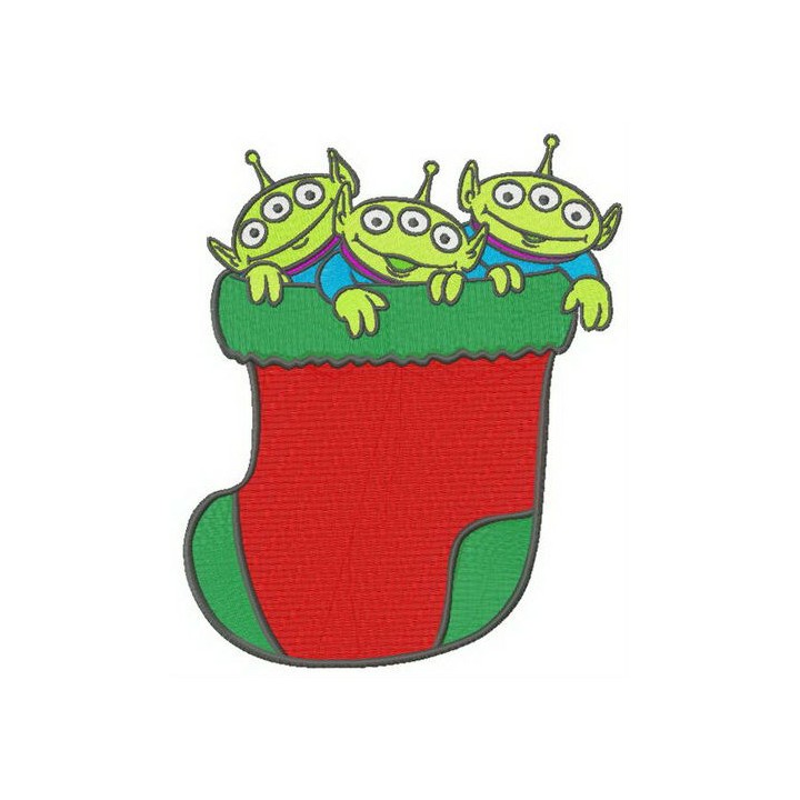 Little Green Men in Christmas sock embroidery design - Embroidery Design