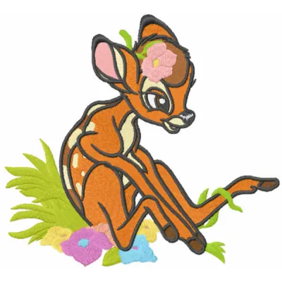 Among the flowers embroidery design featuring a charming Bambi motif, ideal for various fabric projects.