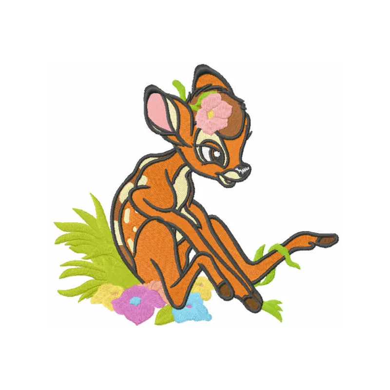 Among the flowers embroidery design featuring a charming Bambi motif, ideal for various fabric projects.